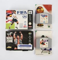 4 Nintendo 64 (N64) sporting games (PAL) Includes: WWF War Zone, NHL 99, World Cup 98 and FIFA
