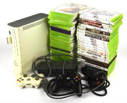 Xbox 360 console (unboxed) with 48 boxed games and 2 wireless controllers (one black,