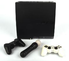 PS3 Slim console with DualShock 3 controllers (x2) one black and one white + PlayStation Move