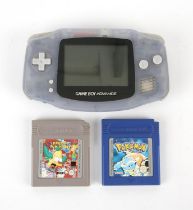 Pokémon Blue Game Boy game, Krusty's Fun House game and Glacier Gameboy Advance (GBA) System (PAL)