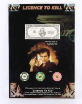 James Bond Licence to Kill - Original casino chips and dollar bill props from the film, mounted,