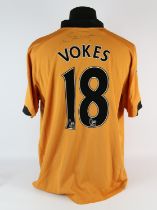 Wolves Football club, Vokes (No.18) Season shirt from 2009-2010, S/S. Bench Worn & signed to rear