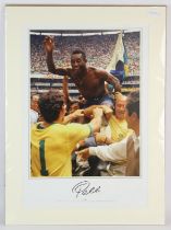 Pele Football signed print - being chaired - signed in black pen in border, 47x64 cm,