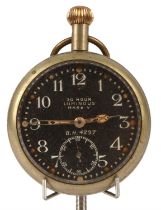 An RFC Mark 5 open face military pocket watch, the black dial with Arabic numeral hour markers,