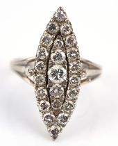 Diamond navette ring, set with round brilliant cut diamonds, with continental marks,