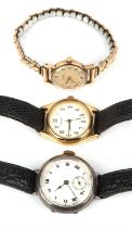 Three wrist watches consisting of an Omega ladies yellow metal wrist watch on expanding bracelet,