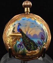 A ladies gold hunter pocket watch, the outer case with foliate enamel reserves, opening to reveal a