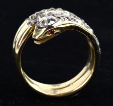 Victorian diamond set snake ring, three banded snake motif ring, set with old cut diamonds with a