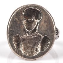 A silver seal ring, depicting a 17th century gentleman, on a silver band, ring size P