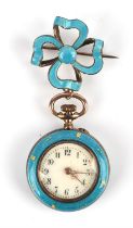 Antique ladies blue and gold enamel fob watch with original matching bow brooch fitting,