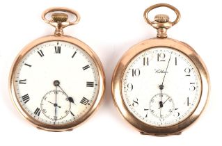 A gold open face pocket watch with unsigned white enamel dial Roman numeral hour markers and