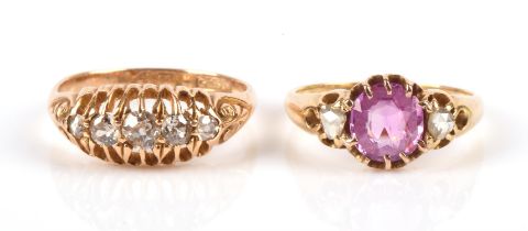 Two antique rings, a pink sapphire and rose cut diamond three stone ring in unmarked yellow metal