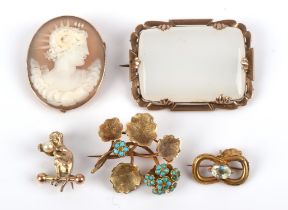 Five brooches, including an antique turquoise forget me not brooch, with a glazed panel to reverse,