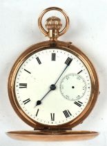 Full hunter gold pocket watch, white enamel dial with Roman numerals, minute track, subsidiary dial,