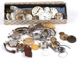 Large box of watch and clock parts, including glasses and mainsprings