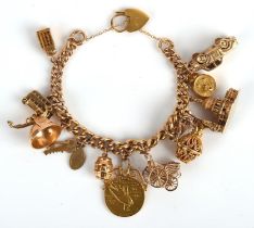 Gold charm bracelet, with 13 charms, including a liberty five dollar coin, plus a hallmarked 9 ct