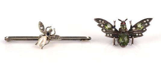 Two bug brooches including a gold plated paste bug bar brooch and a silver paste and seed pearl