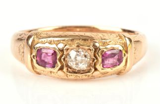Ruby and old cut diamond three stone ring in 14 ct yellow gold, hallmarked London,