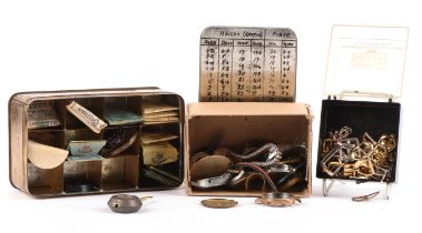 A box of mainly manual wind wristwatch parts including Crowns, stems, pallets, pocket watch