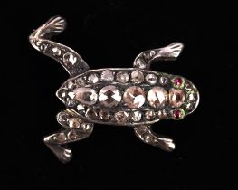 Victorian diamond frog brooch, set with rose cut diamonds and ruby eyes in closed back settings,