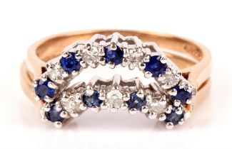 Two sapphire and diamond shaped half eternity rings, designed as alternating round cut sapphires
