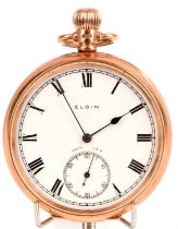 Elgin A gold open face pocket watch the signed the dial with roman numeral hour markers within a