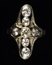 Art deco diamond cross ring, set with seven old and transitional cut diamonds in an openwork cross