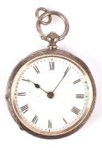 Silver open faced pocket watch, white enamel dial and Roman numerals and minute track,