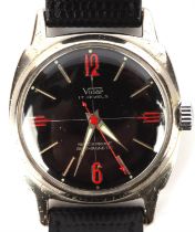 Vidar (Tièche-Gammeter) a Gentlemans stainless steel wristwatch,the black signed dial with red