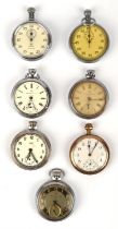 A group of six steel cased open face pocket watches by waltham, ingersoll and others ,