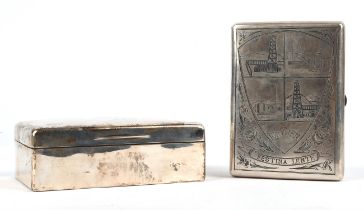 Continental white metal cigar case engraved with industrial buildings and the moto "Ich Dien