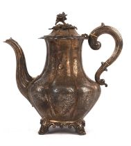 Victorian silver coffee pot with floral knop and engraved foliate decoration by Charles Reily &