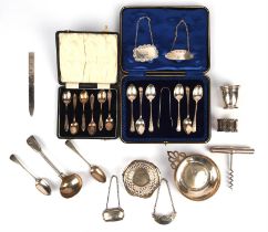 Mixed lot of small silver items to include sterling silver porringer, cork screw, paper knife,