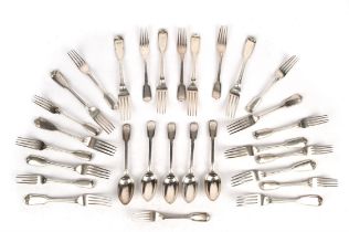 Victorian part canteen of fiddle and thread pattern silver flatware by Chawner & Co, London 1846,
