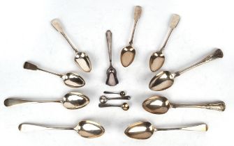 Pair Scottish silver table spoons, 4 fiddle pattern desert spoons, pair of Irish silver Kings