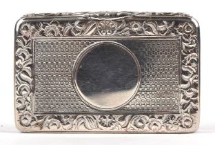 George IV engine turned silver snuff box with foliate border and blank cartouche probably by