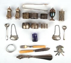 Mixed lot small silver items to include, pair of decanter labels, six napkin rings,