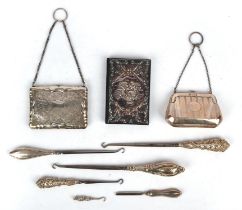 George V silver finger purse Birmingham 1918, another with foliate engraving and blank cartouche