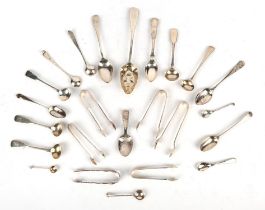 Mixed lot of 19th century and other condiment spoons, tea spoons and sugar tongs total weight 10oz