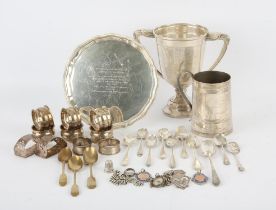 A quantity of silver items including ; a silver two handles trophy cup with presentation engraving,