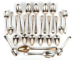 George III Old English pattern part canteen comprising 12 table spoons, 6 desert spoons,