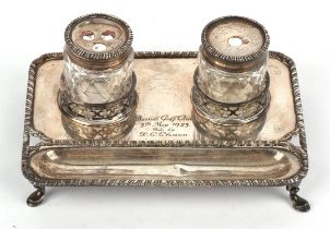 Presentation silver inkstand with two glass ink bottles, by C S Harris & Sons Ltd London 1921