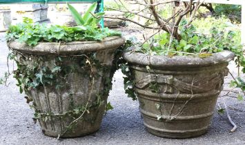 Two single reconstituted stone planters, moulded with various designs, one with lobed motifs,
