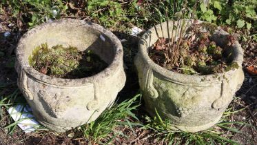 Pair of reconstituted stone planters, decorated with grapes and stiff scrolls, 31cm high x 39cm
