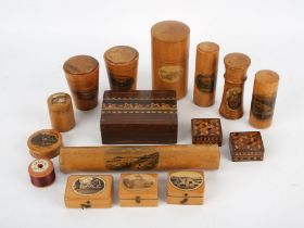 Pair of Tunbridge parquetry stamp boxes, 19th Century, 2cm x 4cm x 3.5cm, together with a hinged