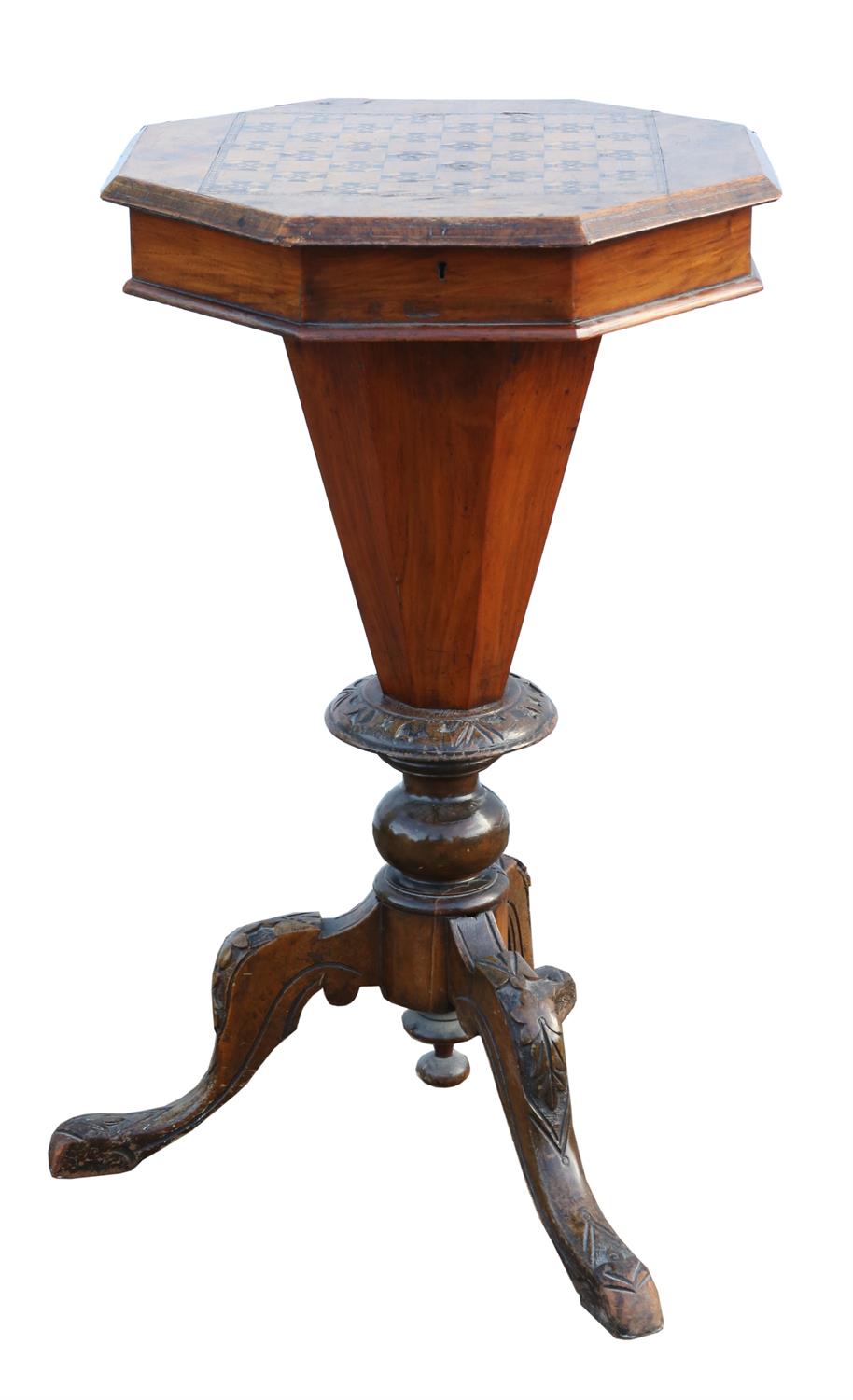 Victorian walnut sewing table, with an octagonal top, inlaid with a chessboard, on facetted column,