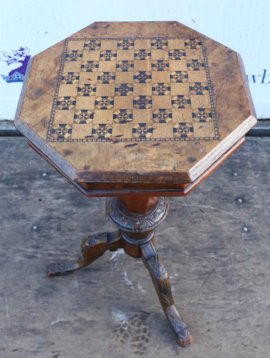 Victorian walnut sewing table, with an octagonal top, inlaid with a chessboard, on facetted column, - Image 3 of 4