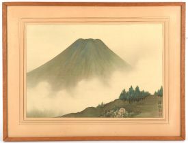 A Japanese picture on silk depicting a Fujiyama landscape; the reverse of the frame with an