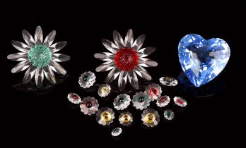 Swarovski, four hearts, in blue and red colourways, three Margarite, two yellow and one red,