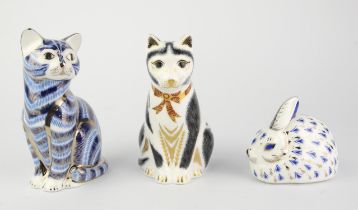 Royal Crown Derby, Black and White Mother Cat with gold stopper, boxed, a rabbit with gold stopper,